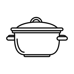 Simple outline of metal soup pot covered with lid vector icon. Black line drawing or cartoon illustration of cooking equipment on white background. Food, cooking, kitchen tools concept