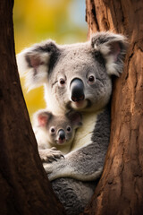 A heartwarming capture of a koala mother and joey nestled on a eucalyptus tree background with empty space for text 