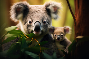 Obraz premium A heartwarming capture of a Koala mother tenderly sharing eucalyptus leaves with her adorable joey amidst lush Australian forests 