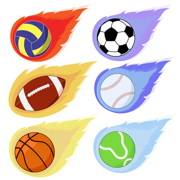 Vector illustration of a set of sports equipment with balls, including a shocker, football, volleyball, basketball, American football, baseball, and tennis ball. The ball is traveling in the air and b