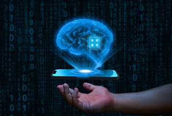 one hand hold smart phone with holographic futuristic circle shining human brain. artificial intelligence concept.