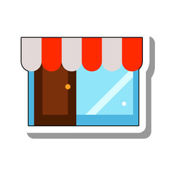 Showcase of grocery store flat paper sticker icon. Shop decoration with glass front and striped fabric canopy isolated on white background. Equipment and items for work, shopping, business concept