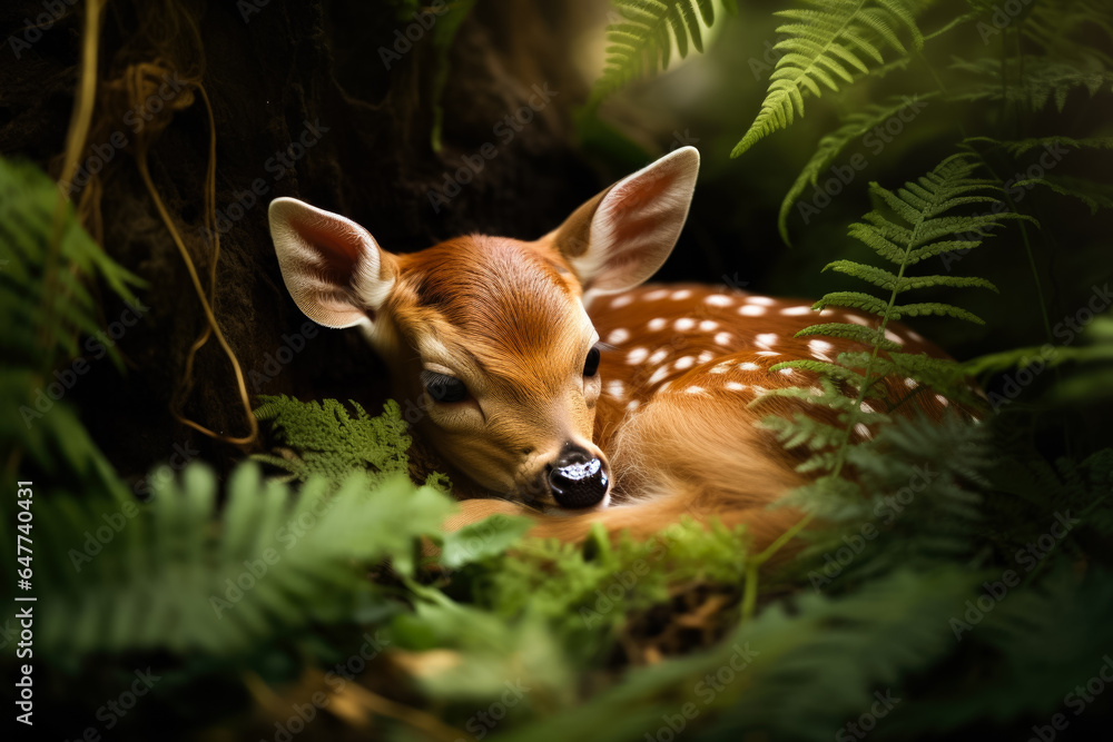 Aufkleber a serene scene of a sleeping fawn nestled beside its doe surrounded by lush foliage and a background