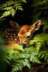 A serene scene of a sleeping fawn nestled beside its doe surrounded by lush foliage and a background with empty space for text 