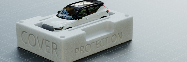 Conceptual car insurance for a new car in a polystyrene crate completely protected 3d render