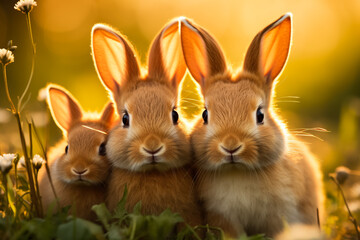Adorable baby rabbits snuggled up to their mother in a lush green field portraying warmth and love 