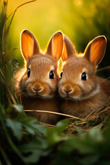 Naklejka na ściany i meble Adorable baby rabbits snuggled up to their mother in a lush green field portraying warmth and love 