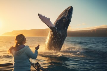 Woman capturing a majestic whale leap - obrazy, fototapety, plakaty