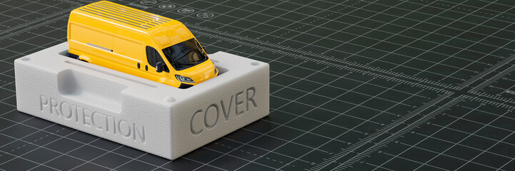 Conceptual van insurance for a new yellow van in a polystyrene crate completely protected 3d render - obrazy, fototapety, plakaty