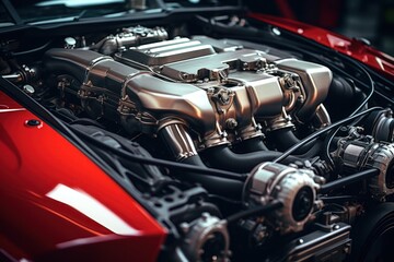 Close-up of Car Engine with Hood Open - obrazy, fototapety, plakaty