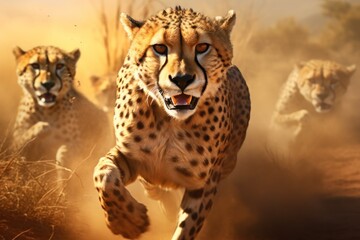Cheetah Running in Dust with Background Cheetah