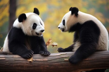 Fototapeta premium Panda Bears Sitting on Log