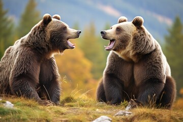 Obraz premium Two Brown Bears Sitting Together on a Hill