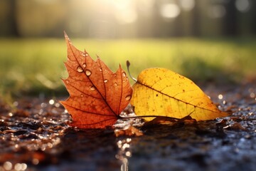 Leaves on Water Puddle