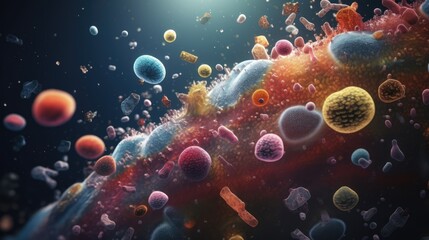 Fototapeta premium Background with mixed bacteria colonies, virus, fungi or microbes. Growing cultures of microorganisms,. Biology, science, medicine concept