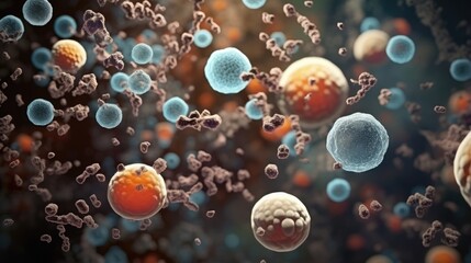 Background with mixed bacteria colonies, virus, fungi or microbes. Growing cultures of microorganisms,. Biology, science, medicine concept