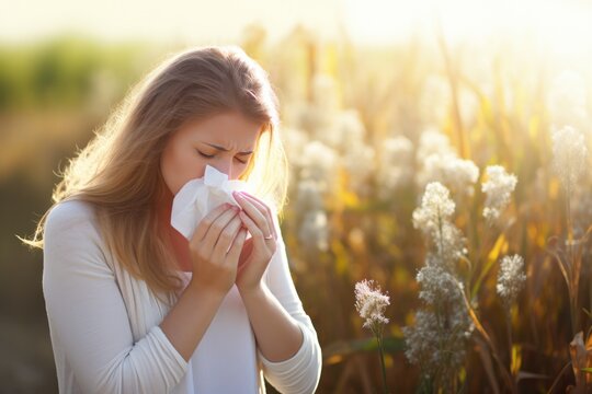 Woman Blowing Nose in Flower Field