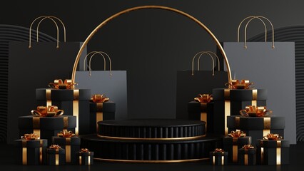 3D rendering podium for black friday sale. realistic 3d design stage podium, round studio, gold neon lights, gift box black, red bow, shopping bag, big percent label discount.