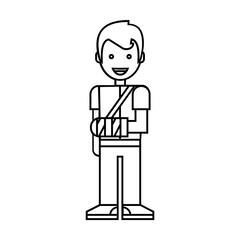Man with plaster on his arm after injury. Thin line People pictogram symbol. Simple black and white vector icon isolated on white background