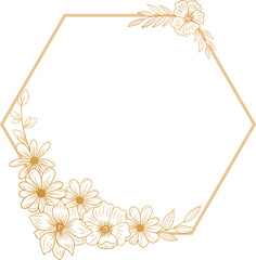 gold hexagon floral frame for wedding or engagement invitation, thank you card, logo, greeting card	