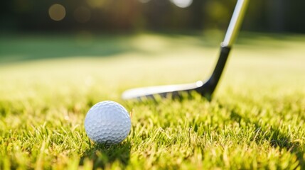 Close up golf ball on green grass field.