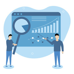 Data analytics concept. Financial management illustration. Character analyze candlestick and pie charts, various types of graphs.Vector illustration.