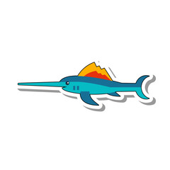 Swordfish Marlin with sharp long nose flat paper sticker. Predatory dangerous fish, inhabitant of sea depths and oceans isolated on white background. Nature, aquarium, animals and fish concept