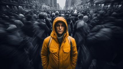 Man on crowded street in movement standing out Concept of uniqueness - obrazy, fototapety, plakaty