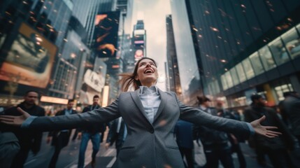 Successful businesswoman celebrating being a winner on crowded street in financial district