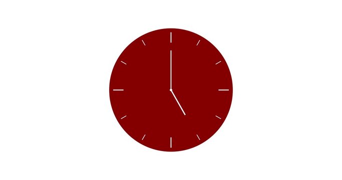 Animation time lapse of a clock. White   clock hands on red burgundy clock face. Time pointer ticks in 12 hour time loop. Concept Wall clock on white background with copy space. Countdown the day