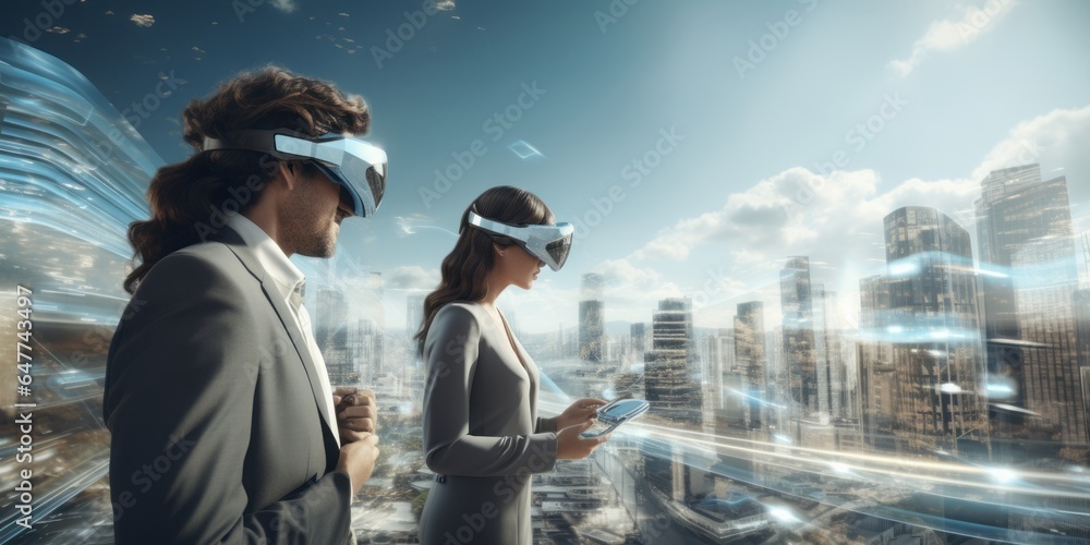 Poster Two People in VR Glasses Contemplate a Structural Cityscape, Merging Engineering, Design, and Computer-Aided Manufacturing in the Futuristic Digital Era, Creating Immersive 3D Simulations