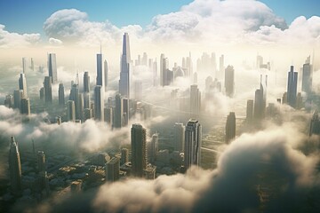 Morning fog engulfs the cityscape, giving it an ethereal appearance. This panoramic view merges modern architecture with clouds. 3D rendering. Generative AI