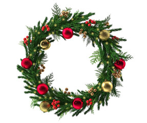 Fototapeta na wymiar Christmas wreath with red spheres and lights, Christmas decoration