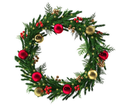 Christmas wreath with red spheres and lights, Christmas decoration