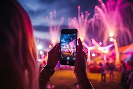 Woman taking picture of fireworks with smartphone at music festival, ai generative