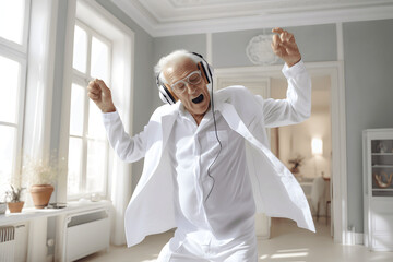 Old man dancing in a clean white room with Headphones on, inclusion, technology, generation, grandma