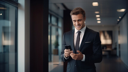 Fototapeta premium Handsome Smiling Young Entrepreneur Looking at Phone