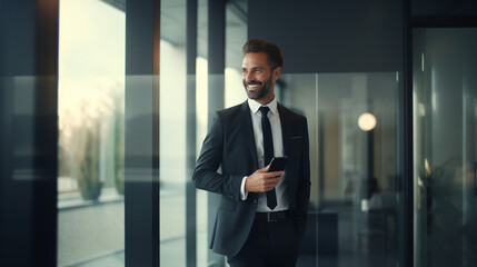 Smiling Confident Handsome Businessman in a Black Suit with a Phone in the Office Entrepreneur