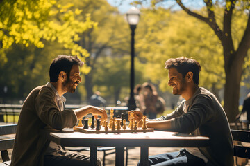 two old man playing a game of chess in a public park, chess, public checker board, game of chess - obrazy, fototapety, plakaty