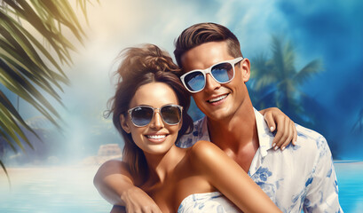 A holiday happy couple is smiling sunglasses next to the  pool ; a vacation background or banner