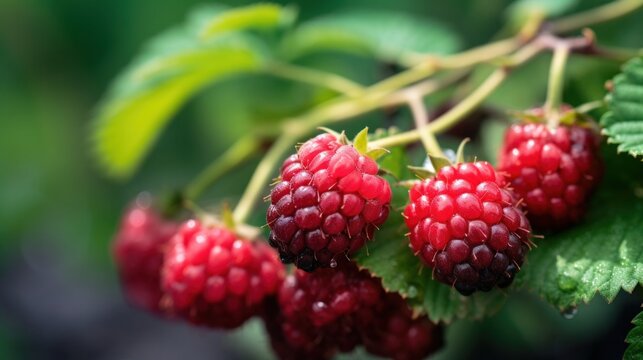 Close up branch of ripe raspberries with green leaves.
