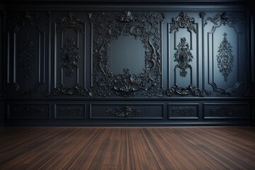 Dark interior room with black luxury wallpaper.