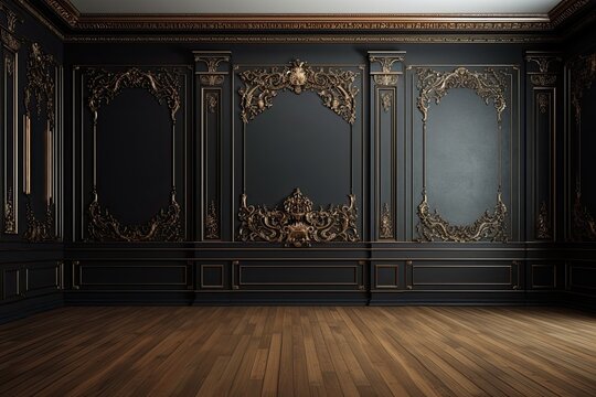 Dark interior room with black luxury wallpaper.
