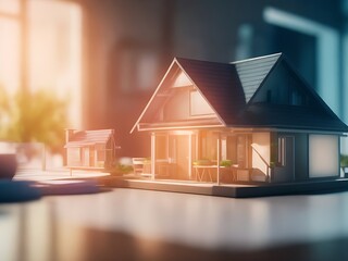 a concept holo 3d render model of a small living house on a table in a real estate agency. signing mortgage contract document and demonstrating. futuristic business. blurry background. Generative AI