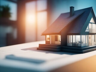 a concept holo 3d render model of a small living house on a table in a real estate agency. signing mortgage contract document and demonstrating. futuristic business. blurry background. Generative AI