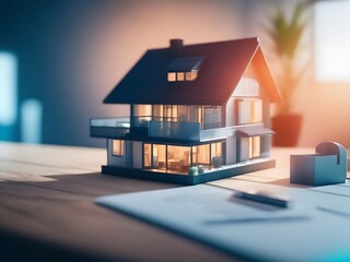 a concept holo 3d render model of a small living house on a table in a real estate agency. signing mortgage contract document and demonstrating. futuristic business. blurry background. Generative AI