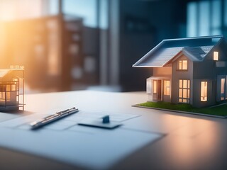 a concept holo 3d render model of a small living house on a table in a real estate agency. signing mortgage contract document and demonstrating. futuristic business. blurry background. Generative AI