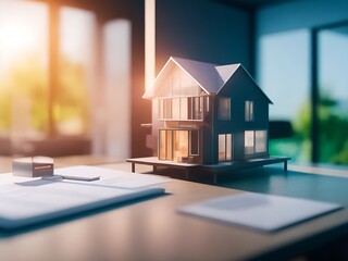 a concept holo 3d render model of a small living house on a table in a real estate agency. signing mortgage contract document and demonstrating. futuristic business. blurry background. Generative AI