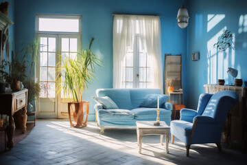 A shabby chic bright blue living room is lit with sun beams coming in from the left without people present - Powered by Adobe