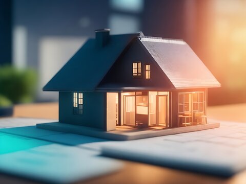 a concept holo 3d render model of a small living house on a table in a real estate agency. signing mortgage contract document and demonstrating. futuristic business. blurry background. Generative AI